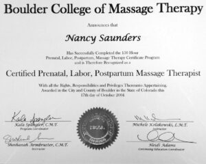 Nancy Saunders Boulder College of Massage Therapy Prenatal / Postpartum Certificate Photo